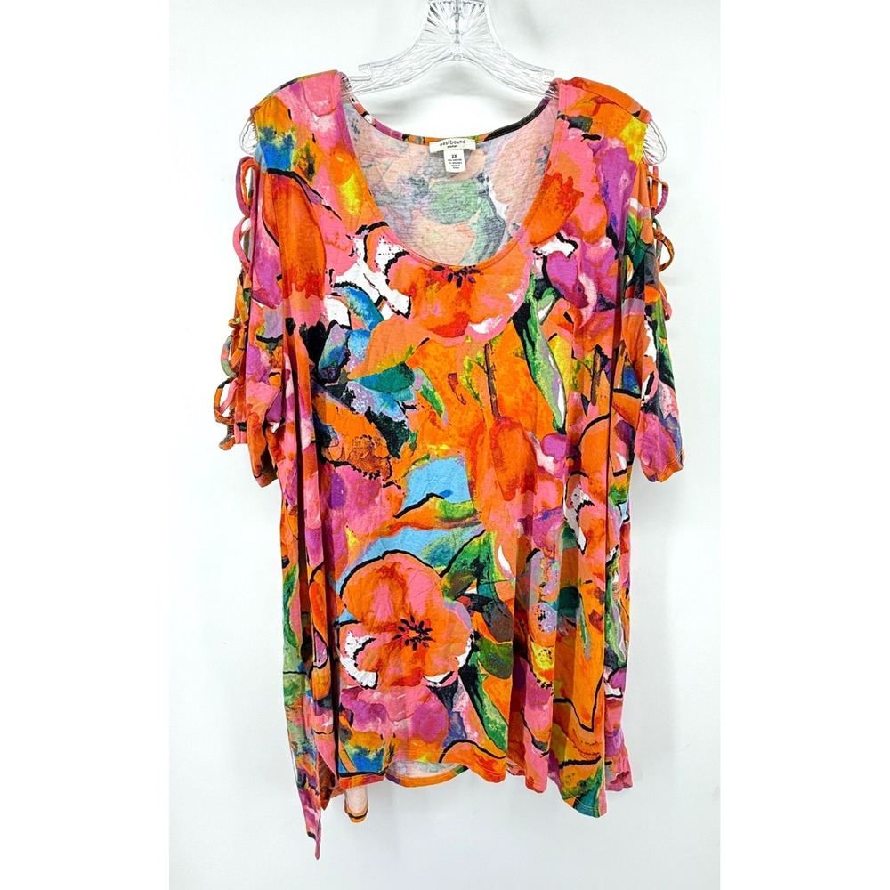 Westbound Woman Floral Lattice Shoulder Top Orange Pink Plus Size 2X